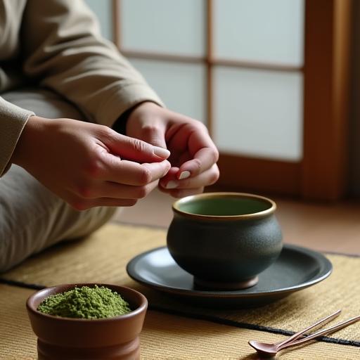 A traditional Japanese tea ceremony taking place in a tatami room.